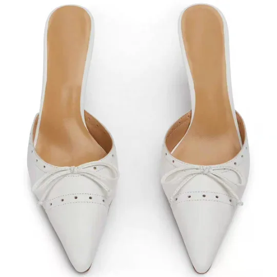 

Soft Leather Bow Hollow Pointed Toe High Heels Women's Sandals Elegant Pointed Slippers Muller Shoes Sandalias Mujer Verano