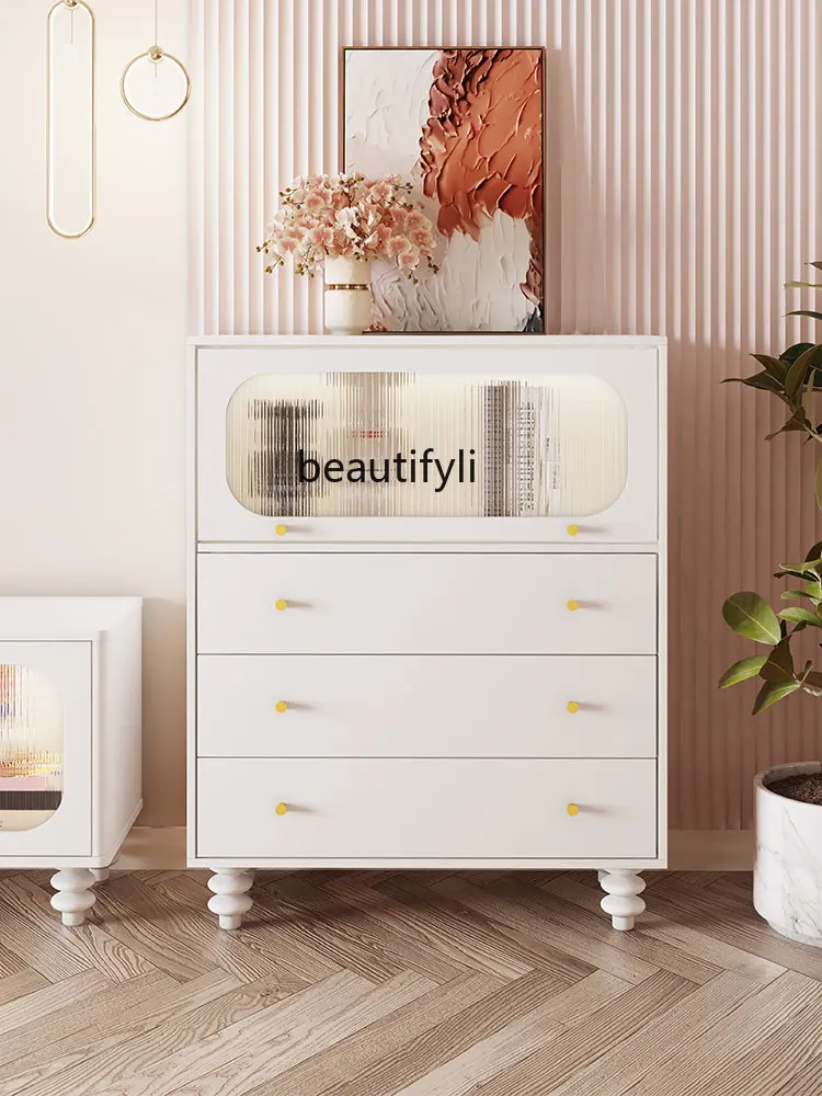 Chest of Drawers Bedroom Living Room Storage Cabinet Three-Bucket Cabinet Cream Style White Narrow Band Drawer Locker