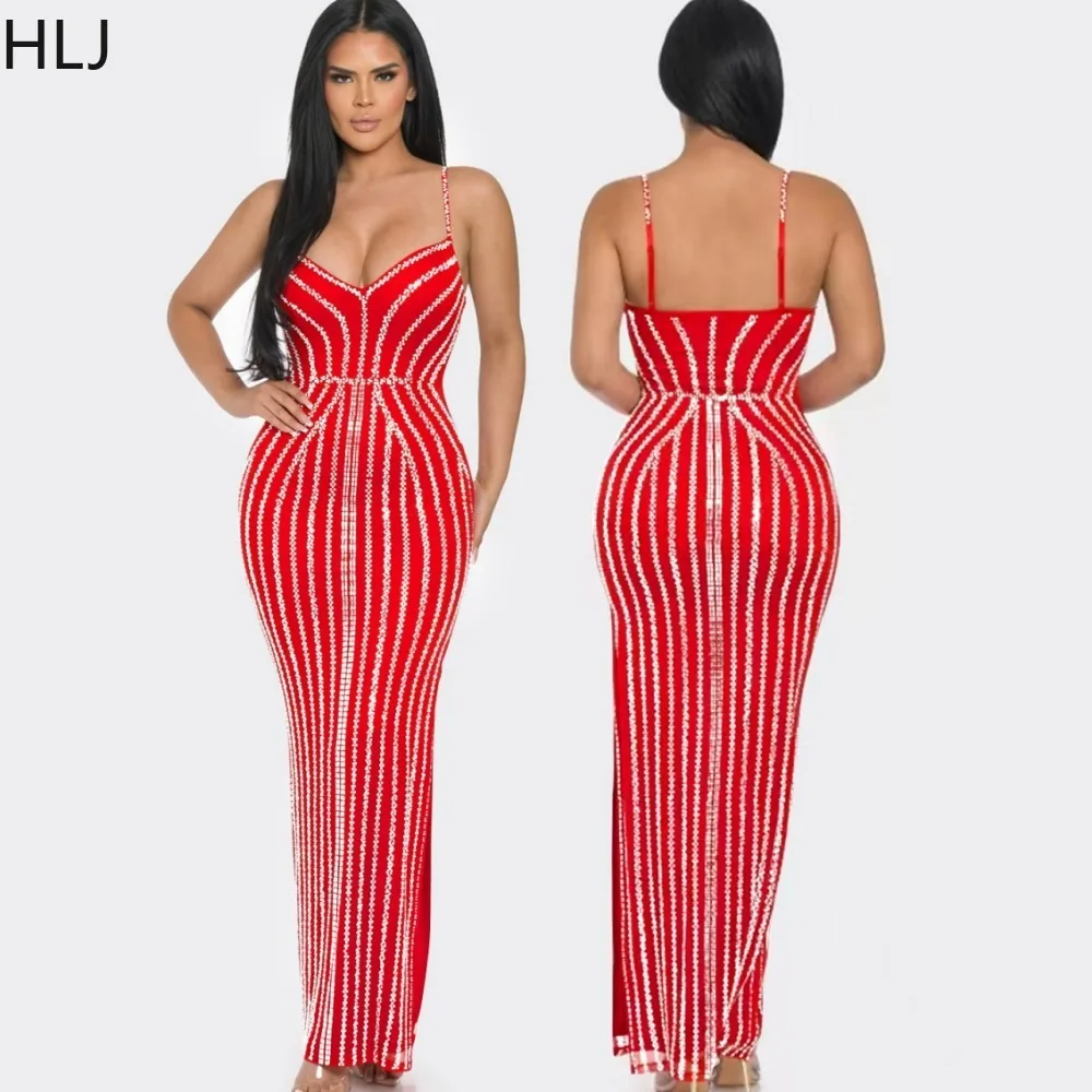 

HLJ Sexy Luxury Rhinestone Suspended Dress Women Thin Strap V Neck Bodycon Maxi Dresses Fashion Female Evening Party Vestidos