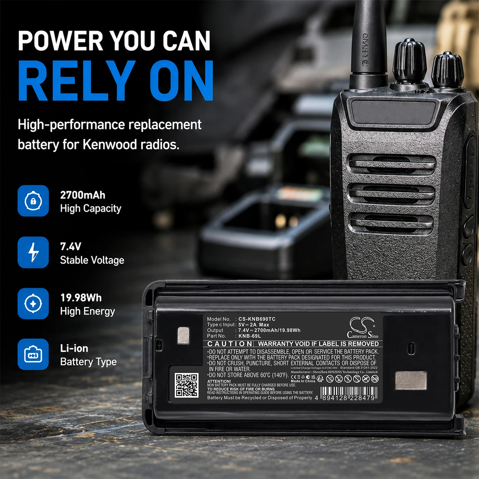 CS Replacement Battery For Kenwood NX-240 NX-248  TK-2400VP NX-240V16P 2700mAh / 19.98Wh  Two-Way Radio