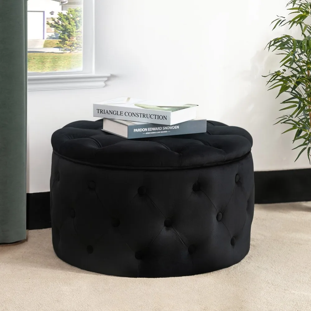 Round Velvet Button Tufted Storage Ottoman Footrest