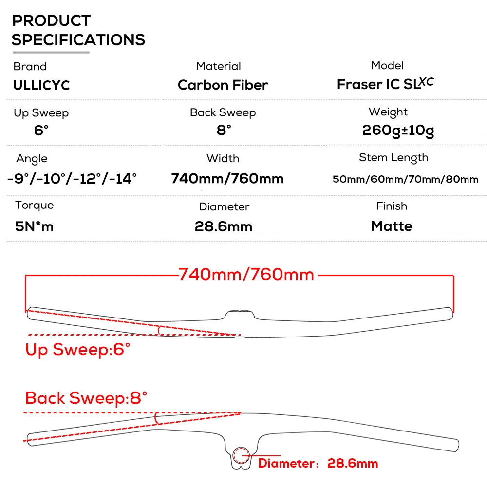 No Logo FRASER IC SL XC Handlebar, Full Carbon Fiber, Integrated Cockpit MTB Handlebar,-9°,-10°-12°,-14 °, 50mm,60mm,70mm