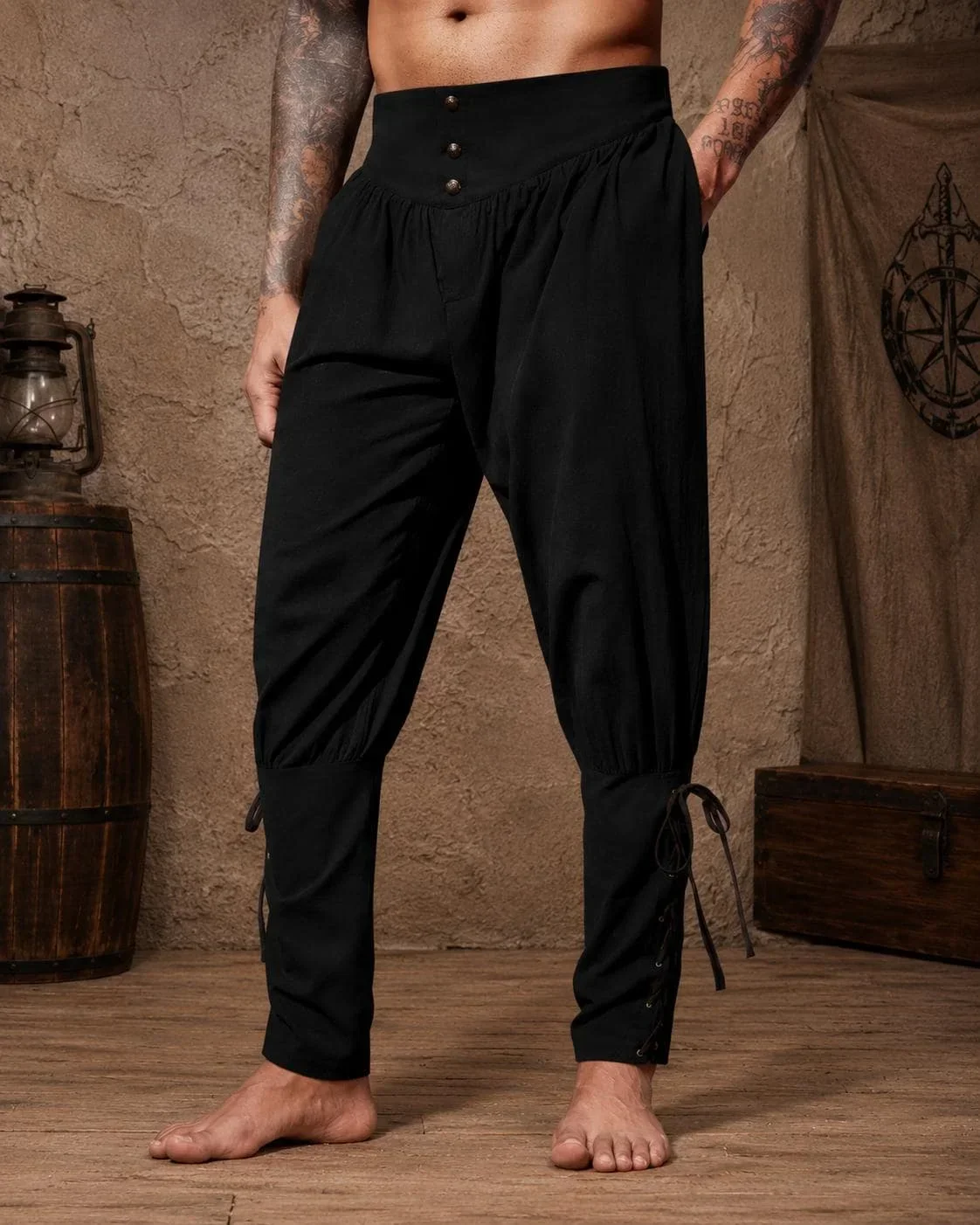 Men Medieval Viking Pirate Casual Pants, Renaissance Vintage Loose Trousers, Ankle Lace Up Halloween LARP Cosplay Pants