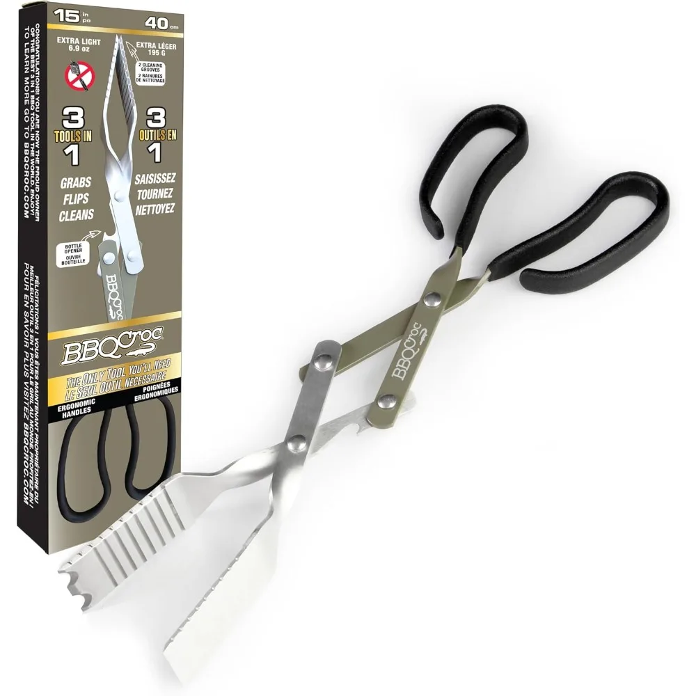 

Инструмент для барбекю Croc 3 в 1, 15 дюймов — очень легкие щипцы, лопаточка и скребок для гриля (зеленый)