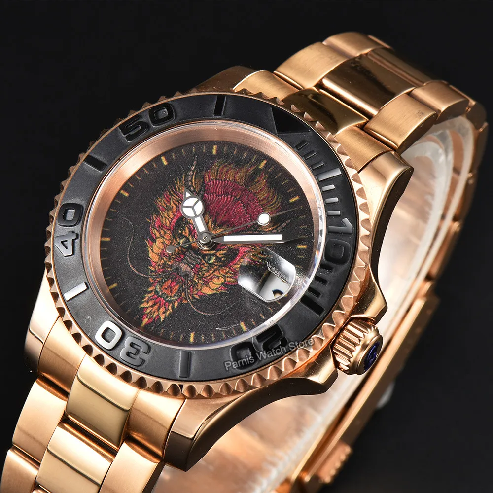 Orologio da uomo con movimento automatico Parnis da 41 mm, disegno personalizzato del drago, lunetta nera, bracciale in acciaio inossidabile in oro rosa