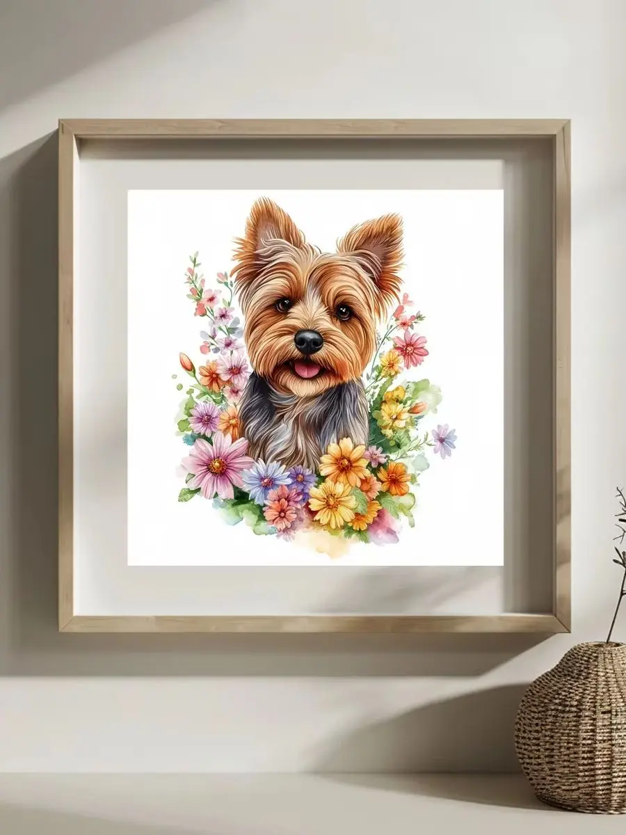 1 Stück 30x30 cm/11,8 Zoll, 11Ct/14Ct Kreuzstich-Set, DIY Valentinstagsgeschenk, Stickerei-Set für Festlichkeiten, Yorkshire Terrier Blumen – Detail 1