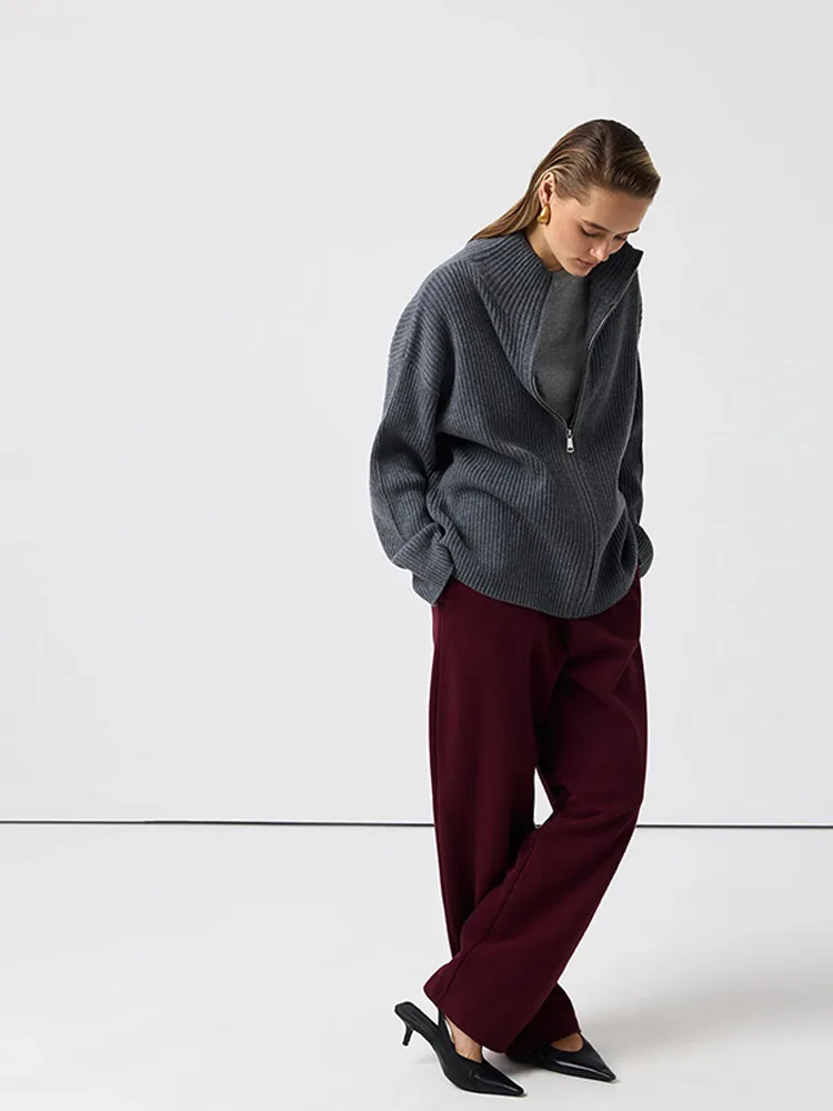 

Women's Casual Oversized Ribbed Knitted Sweater Jacket Fashion Solid Stand Collar Zip Cardigan Lady Chic Outerwear 2025 Autumn