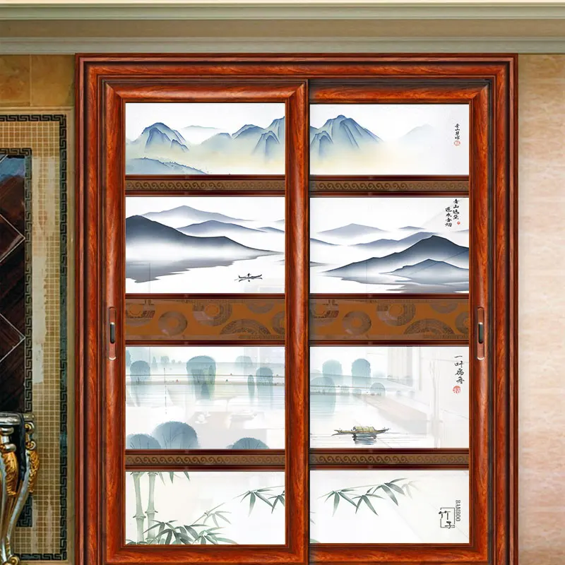 Antique Chinese Ink Painting Style Privacy Window Films Static Cling Toilet Balcony Sliding Door Opaque Horizontal Glass Films