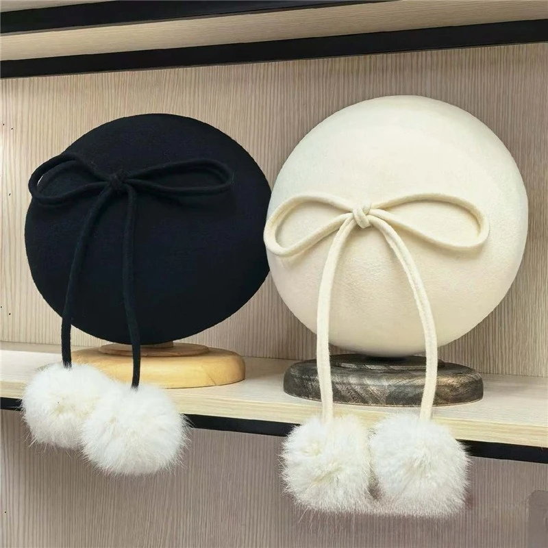 French Australian Woolen Fashion Hat Delicate Elegant Bow Mushroom Ball Beret High-End Women's Dinner Top Hat   Mushroom Ball