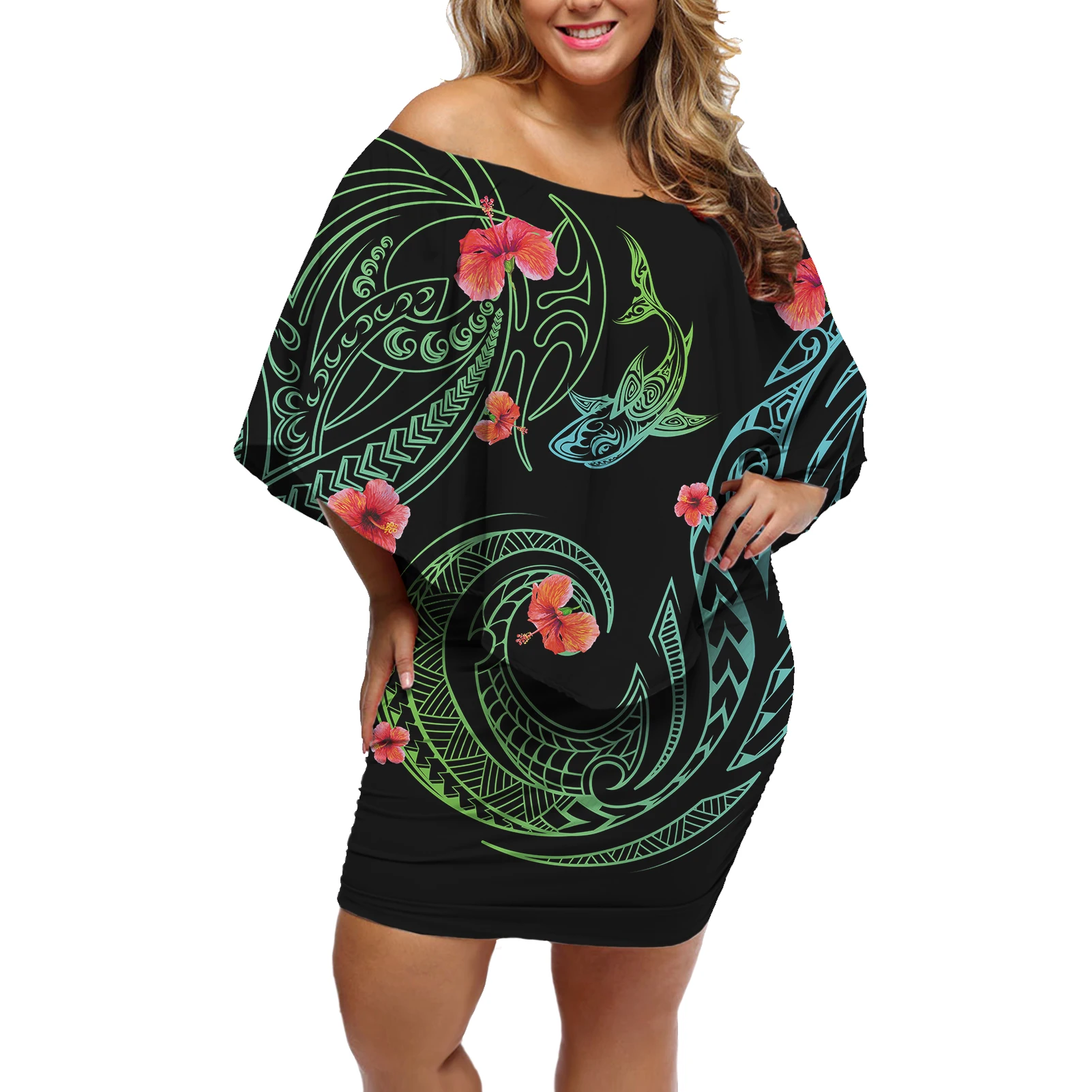 2022 Fashion Sexy Slim Fit Dresses Polynesian Tribal Black Background With Carp Hibiscus Prints Ladies Avant-garde Dress