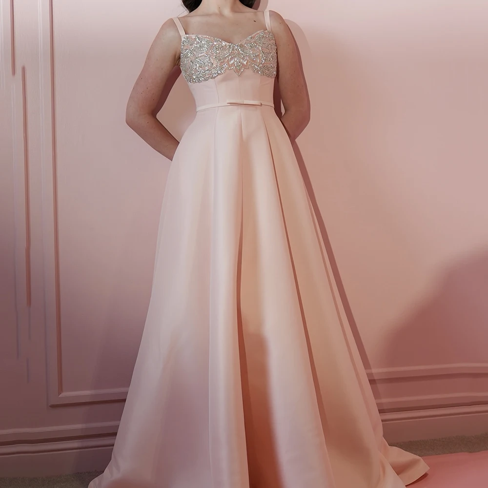 

Customized A-line Evening Dresses Floor-length Spaghetti Strap Sleeveless Prom Gown Fsahion Sequined Simple Draped Party Gown