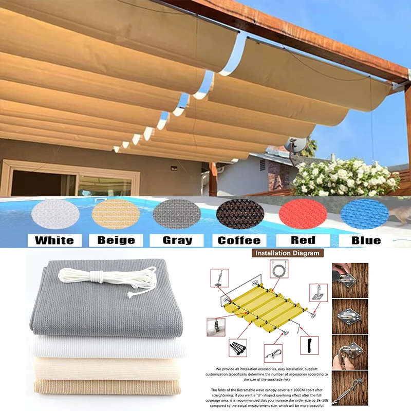 6 Colors Retractable UV Protection Awning | Retractable High Density Polyethylene Awning Cover for Patio, Garden and Outdoors