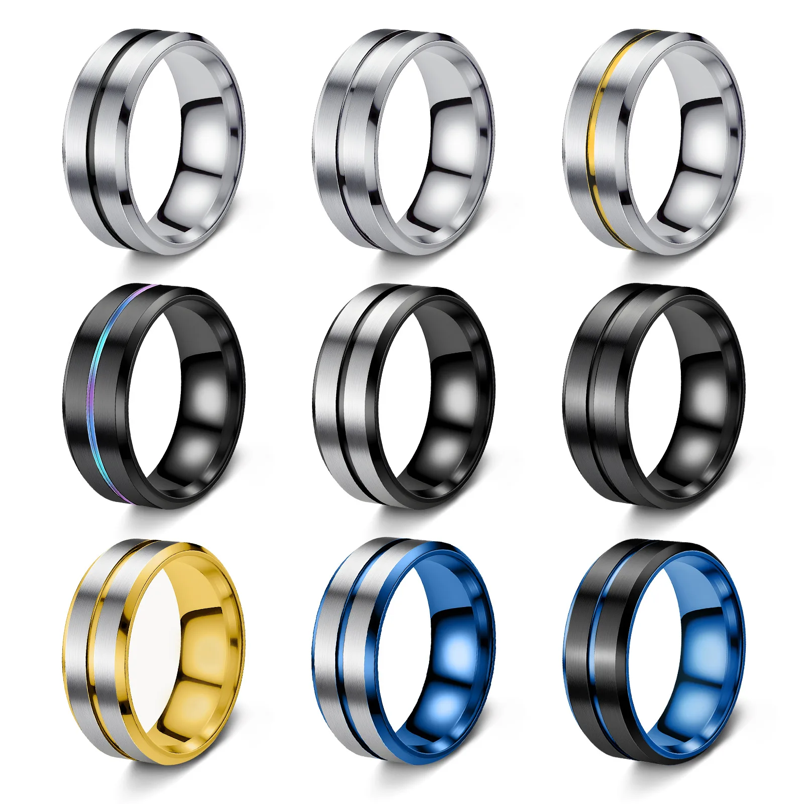 8mm Trendy Men Stainless Steel Rings Black Brushed Gold Color Groove Beveled Edge Engagement Ring Men Wedding Jewelry