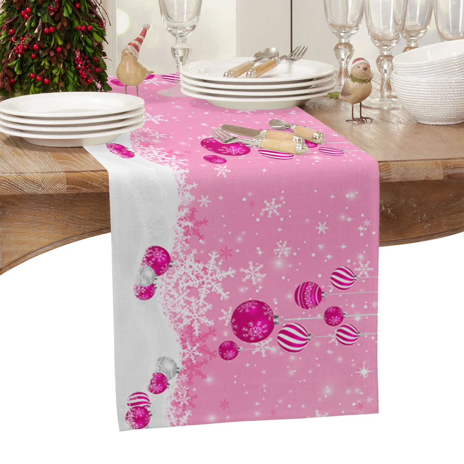 Winter Pink Christmas Ball Snowflake Table Runner Table Decor 2024 Home Tablecloth Xmas Ornament Navidad Natal New Year Gift