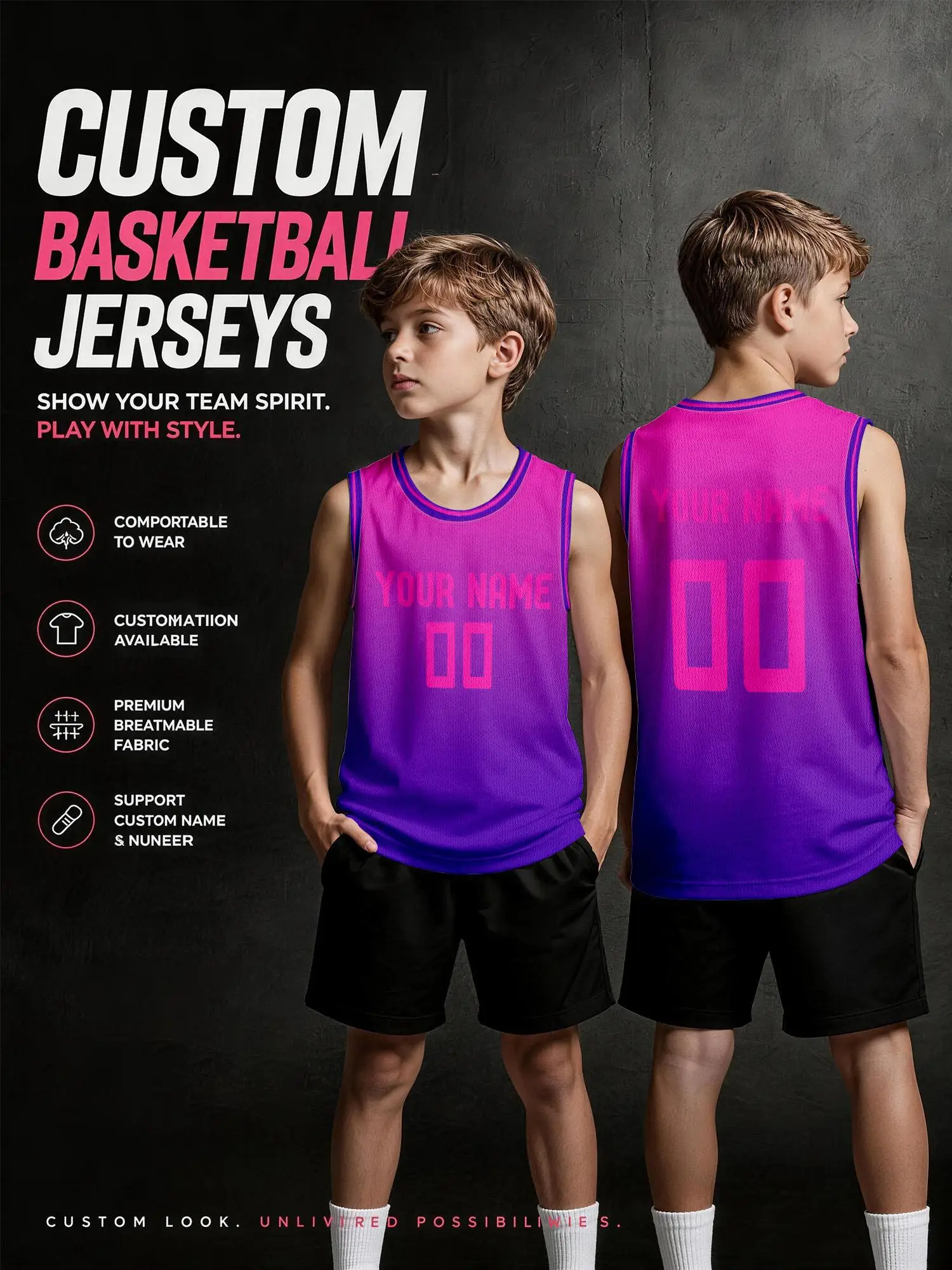 Custom Pink‑Purple Gradient Basketball Jersey, Adult & Kids Team Uniform, Print Name Number