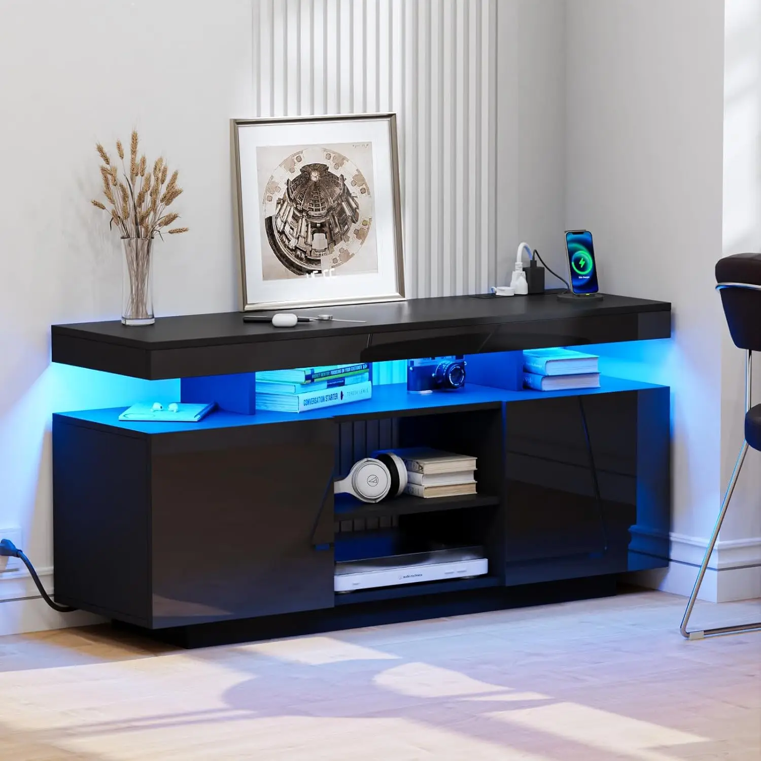 HOMMPA Modern LED TV Stand for 55/50/43/40/32 inch TV with Power Outlets, Gaming TV Consoles with Storage Entertainment