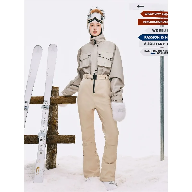 Women's Khaki Cargo One-Piece Ski Suit 3L Taped Seams Waterproof Thermal, Slim Fit Snowboard Jumpsuit