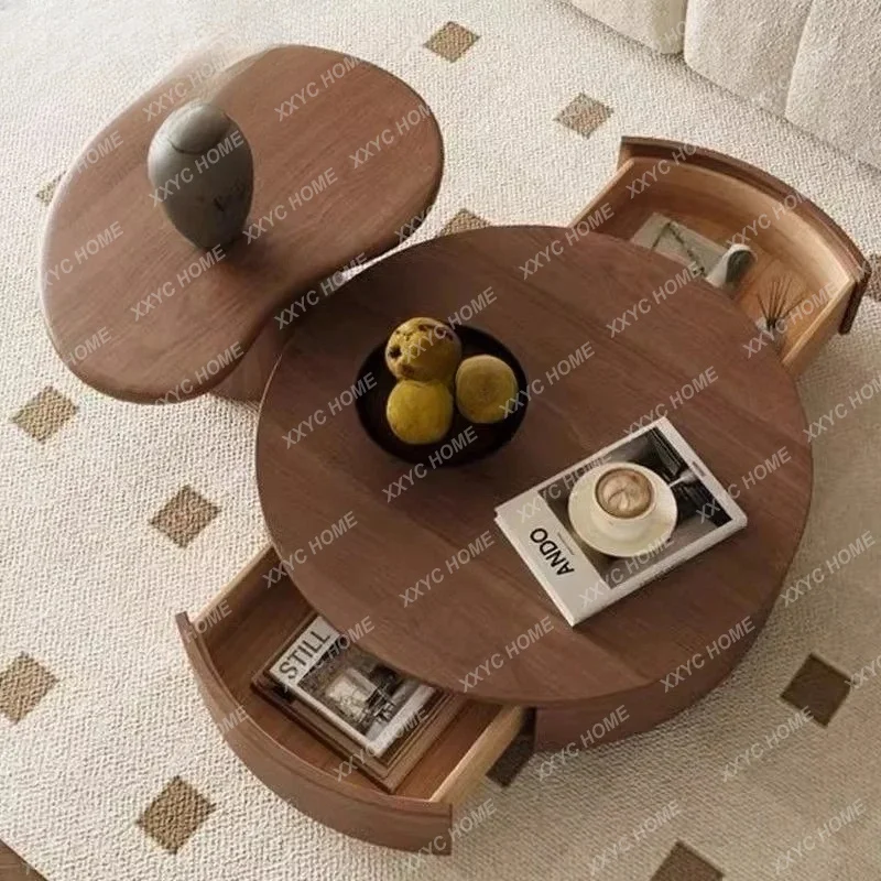 Medieval style coffee table living room household walnut solid wood pattern combination coffee table small apartment retro round