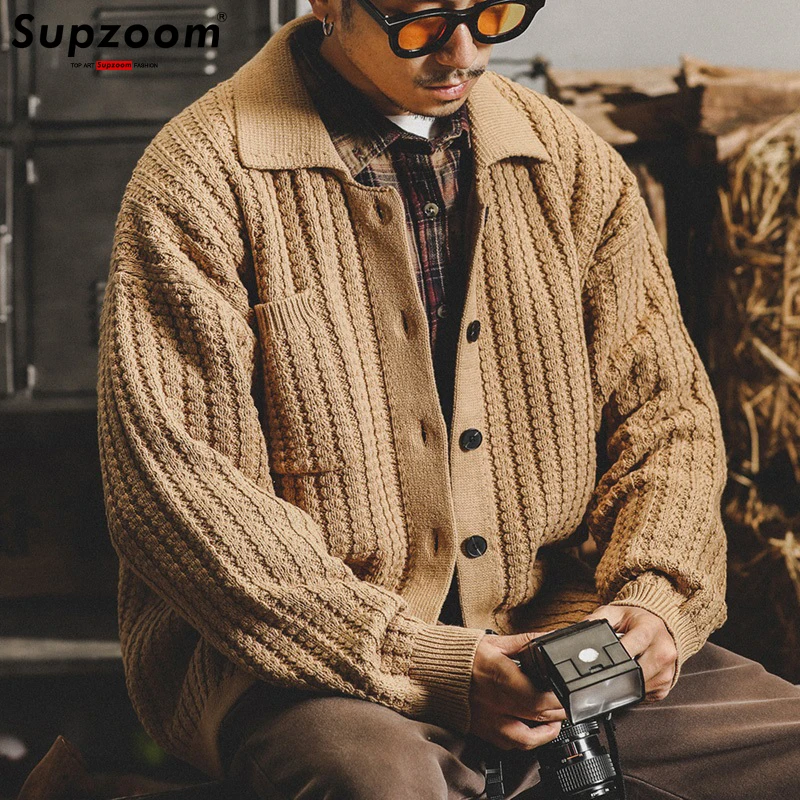 Supzoom 2023 Turn-down Collar Cardigan Casual Thickened Heavy Retro Autumn And Winter Loose Ins Lazy Style Knitted Sweater Men