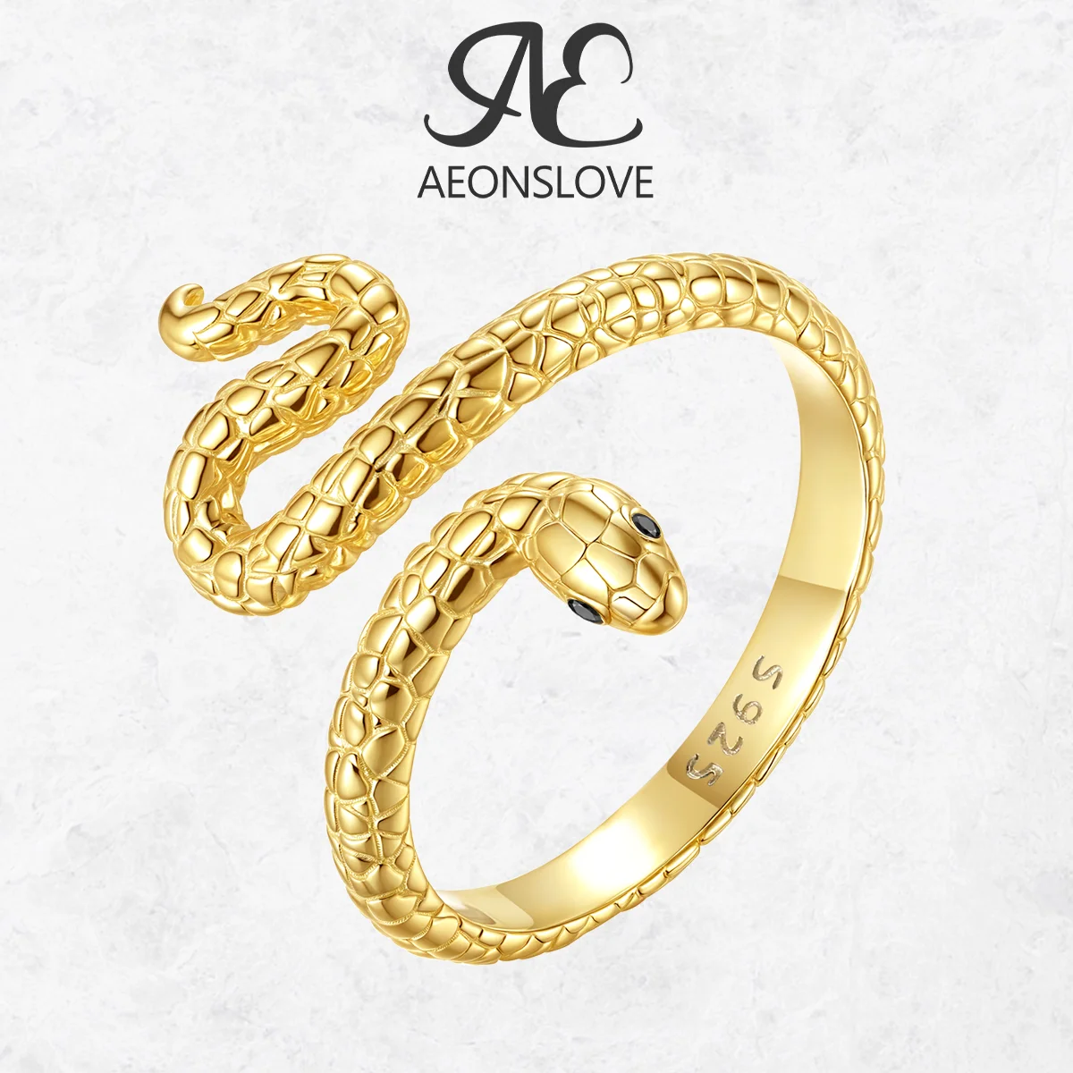 

AEONSLOVE 18K Gold Plated Sterling Silver Open Snake Ring for Man Women Gothic Adjustable Rings Animal Jewelry Personalized Gift