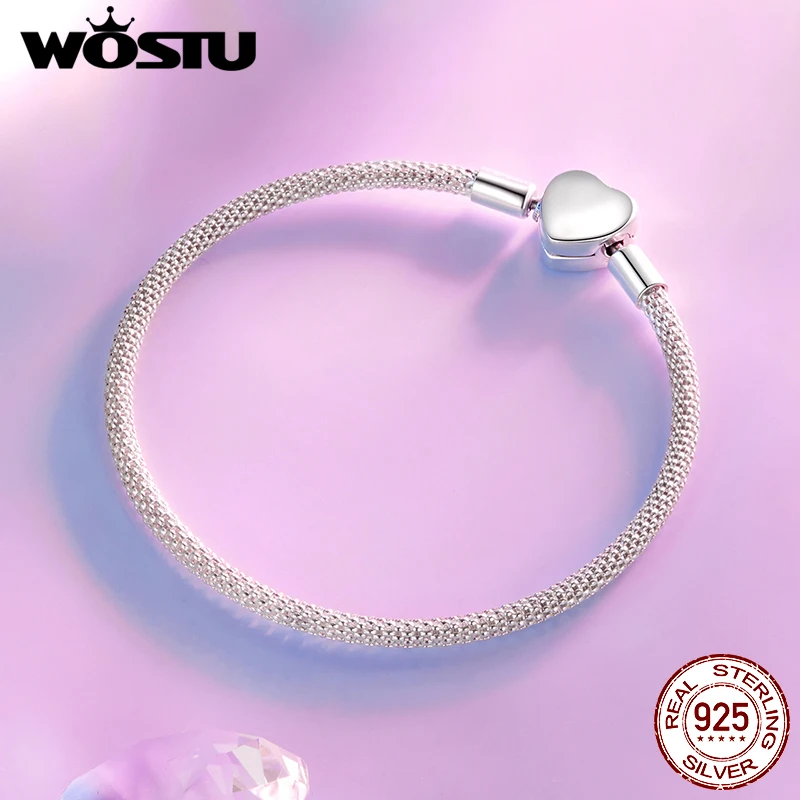 WOSTU 925 Sterling Silver Heart Basic Bracelet Oxidized Silver For Women Birthday Party Daily Gift Fine Jewlery