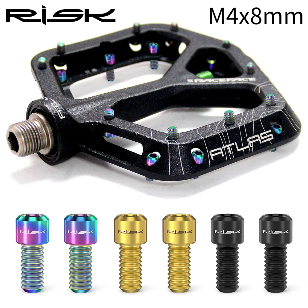 RISK 8pcs/lot Titanium Alloy Anti-skid Bolts for Downhill Bicycle Pedals TC4 Ti Pedal Anti-slip Screws for XC AM DH Bike M4*8mm