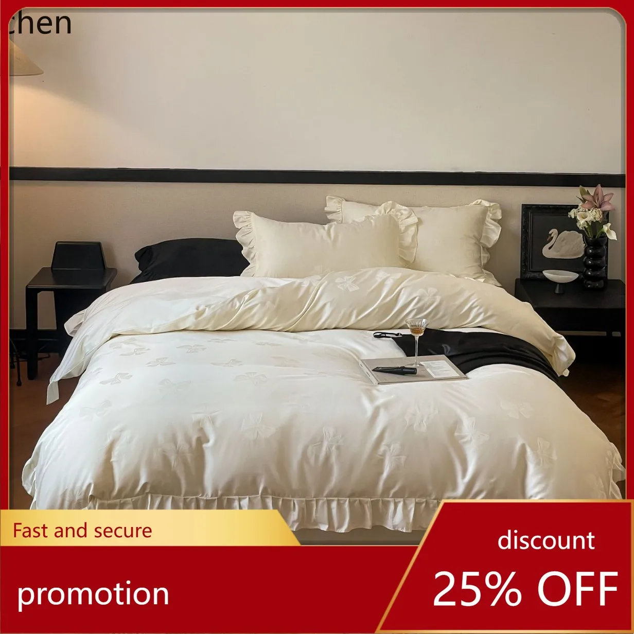 HXL Bowknot Jacquard Romantic Pure Cotton Bedding Four-Piece Set