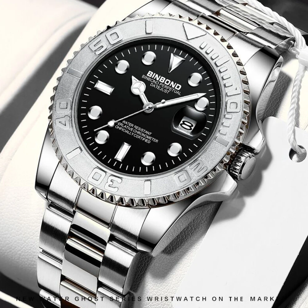 Binbond 930 moda rosa ouro relógio de quartzo masculino luz noturna calendário à prova dwaterproof água esportes masculino cinto de aço relógio de quartzo