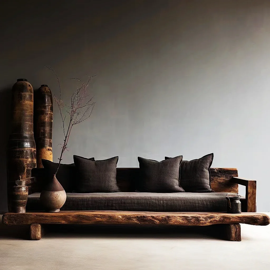 Wabi-sabi Japanese-style log natural edge straight-row sofa