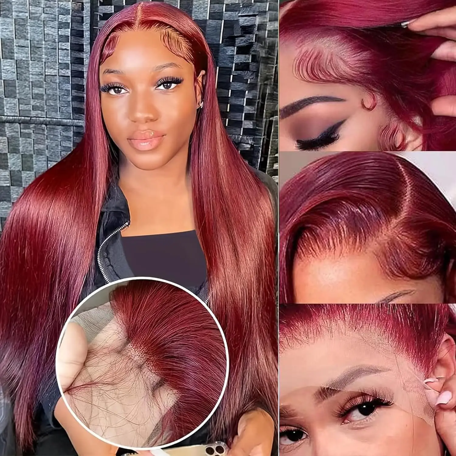 

Парик из натуральных волос, бордовый, 13x4 HD, с прямым кружевным фронтом, красный цвет 99J, прямой, 13x4 HD, прозрачный кружевной фронтальный парик, парик с закрытием 5x5