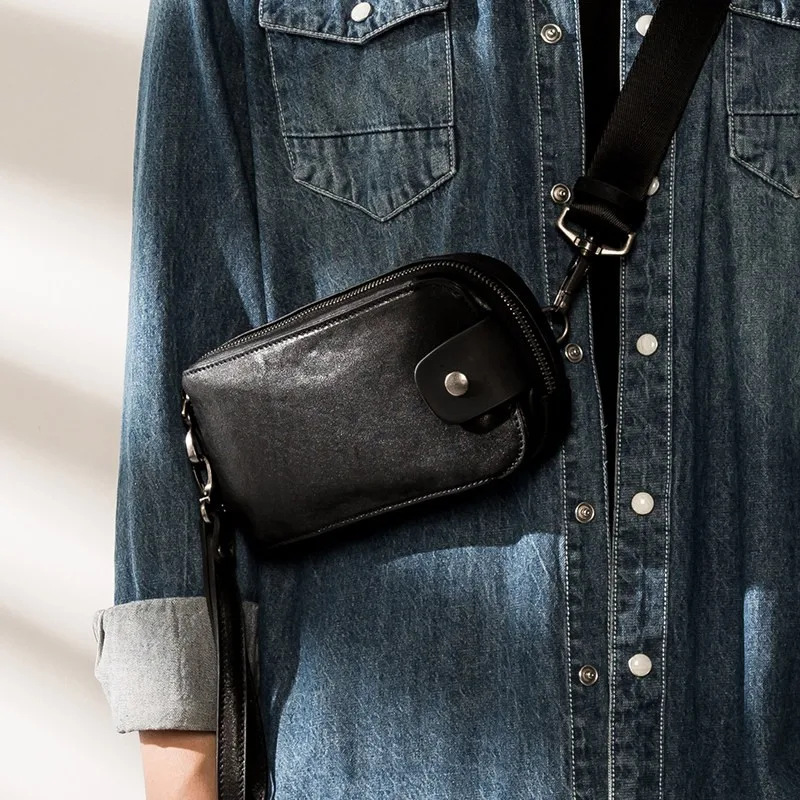 Top Layer Leather Mini Chest Bag Genuine Leather Adjustable Crossbody Phone Bag Multifunctional Zipper Shoulder Bag & Clutch