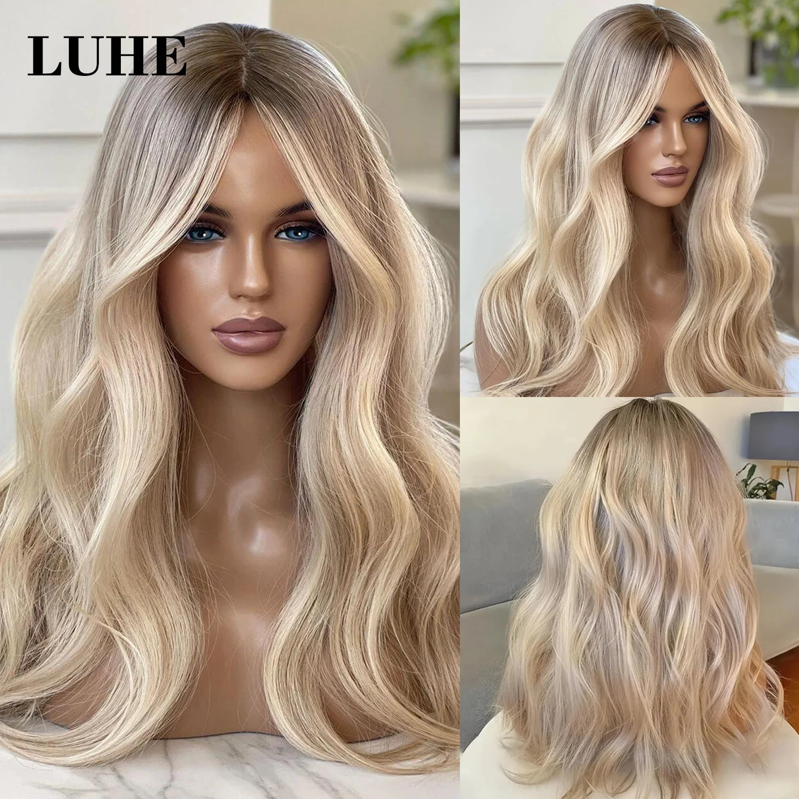 16Inch Natural Wavy Lace Front Wigs for Women Ombre Platinum Blonde 613 Highlights Synthetic Hair Wig Wave 13x3 Lace Frontal Wig