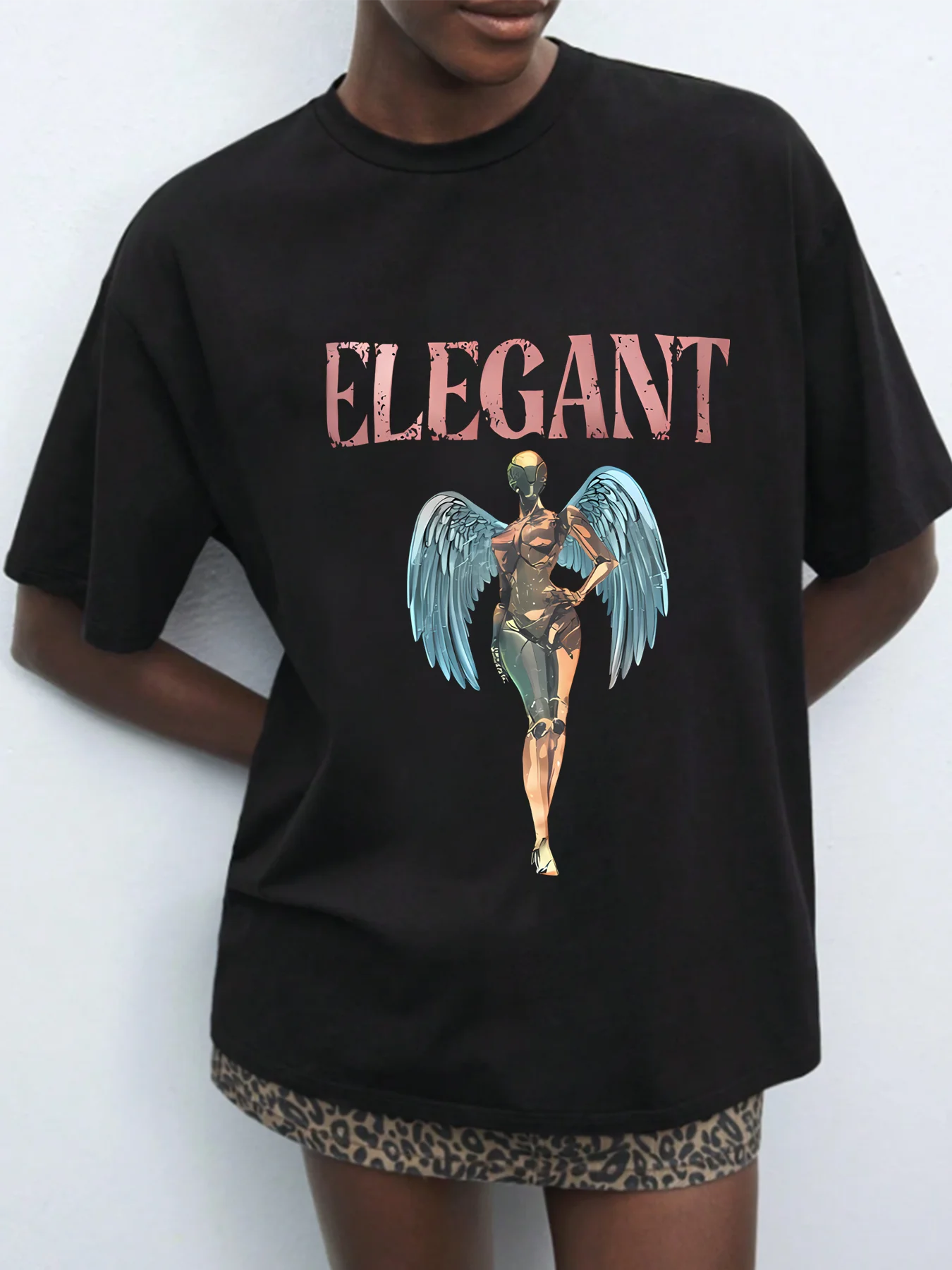 

Winged alien woman Plus size women's round neck short sleeve T-shirt with elastic half sleeves and trendy prints