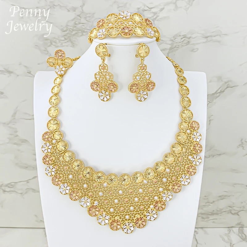 

Итальянский классический комплект ювелирных изделий из 18-каратного золота для женщин, преувеличенное ожерелье, серьги, браслет, кольцо, свадебные подарки для вечеринки