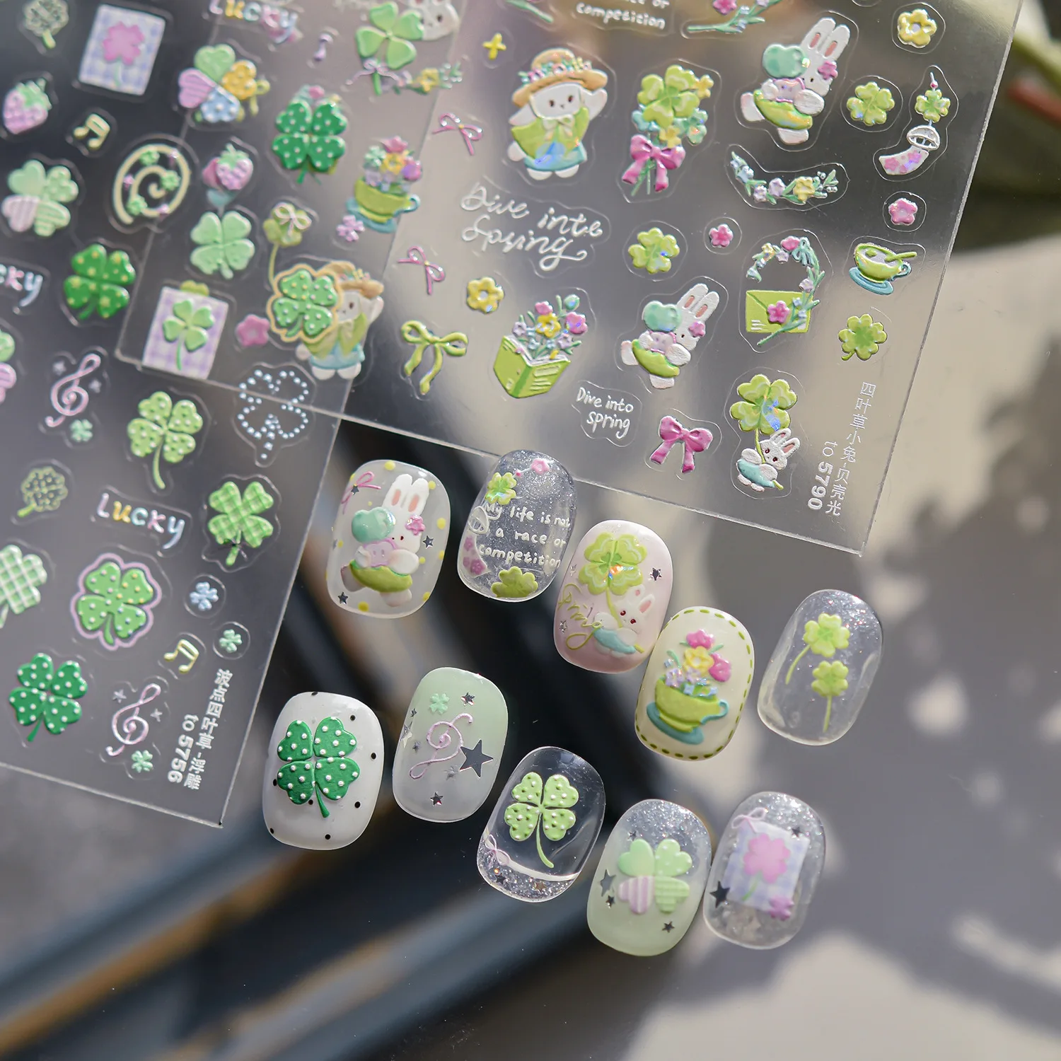 5D Relief Cartoon Rabbit Bow Design Nail Sticker Clover Self-adhesive Nail Art Stickers For DIY Manicure Nail Decorations Decals