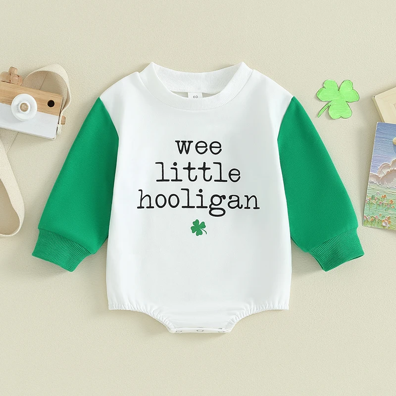 Baby Bubble Sweatshirt Romper Long Sleeve Round Neck Letter Print Patchwork Bodysuit Newborn St Patricks Day Playsuit Outfit