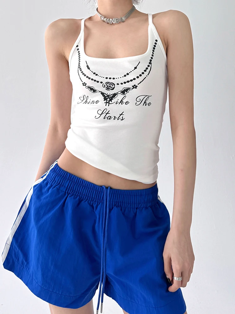 Camiseta sin mangas con estampado de letras blancas American Sle Spicy Girl para mujer, camiseta pequeña única adelgazante, mezcla de algodón y poliéster, longitud ort