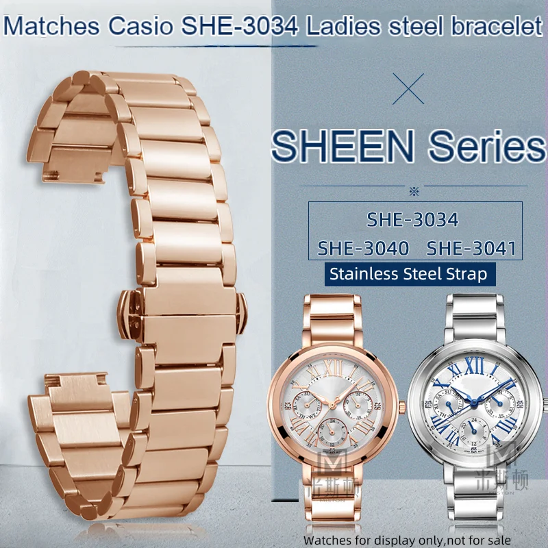 

For Casio SHEEN series metal strap 5420 SHE 3034/3040 steel strap SHE-3040 SHE-3041 women's strap raised steel bracelet 16*10mm