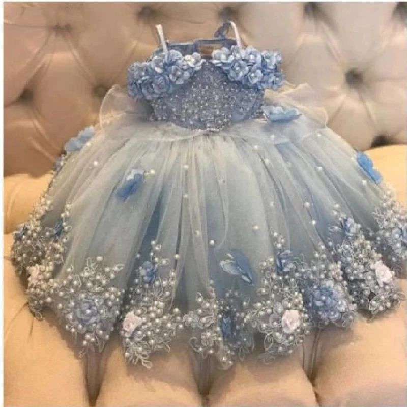 Vestidos de renda fora do ombro para bebês, pérolas, borboleta, flor, vestido de princesa, vestido infantil, primeiro aniversário, presente de comunhão