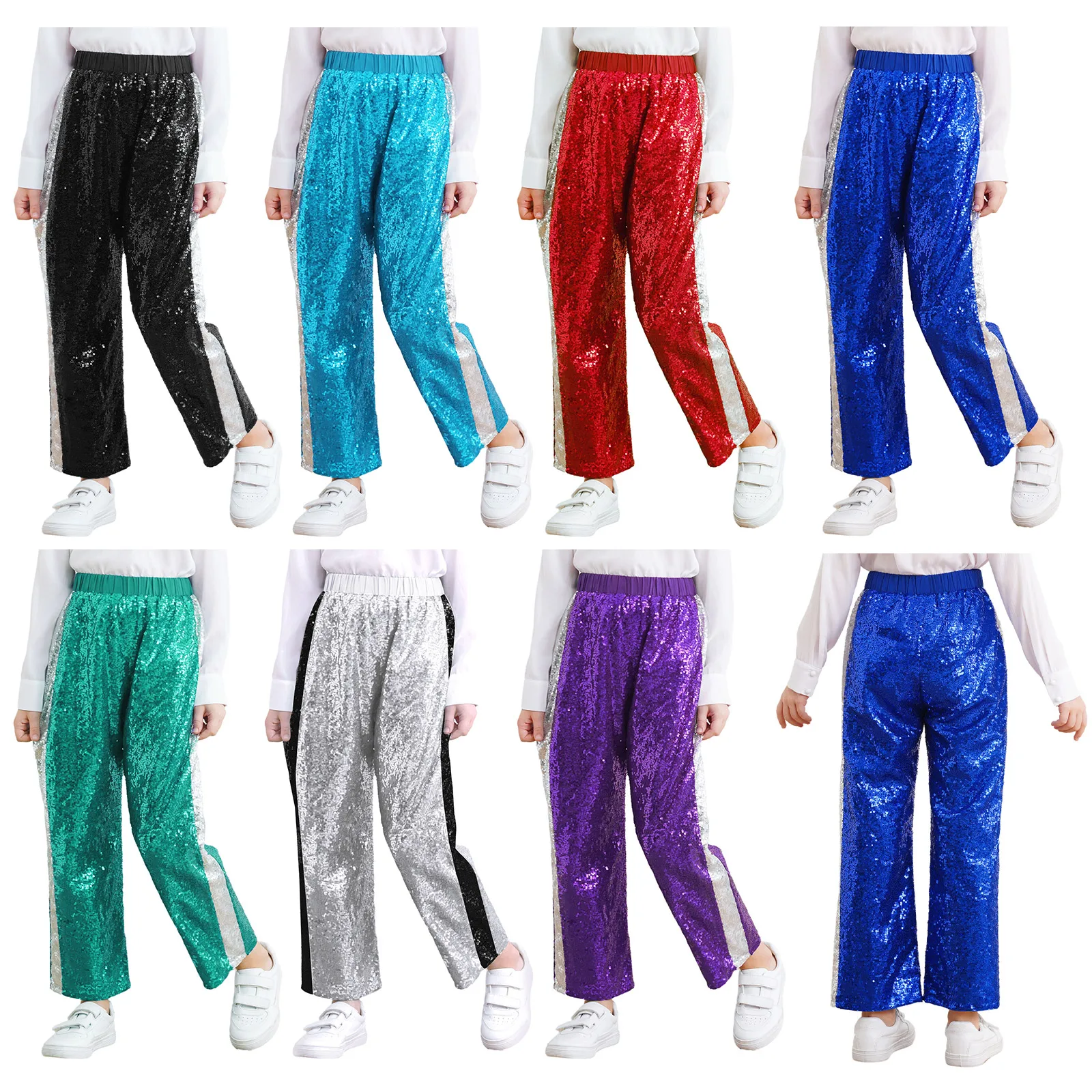 Unisex Kids Girls Boys Sparkly Sequins Pants Color Block Straight-Leg Trousers for Hip Hop Jazz Dance Stage Performance