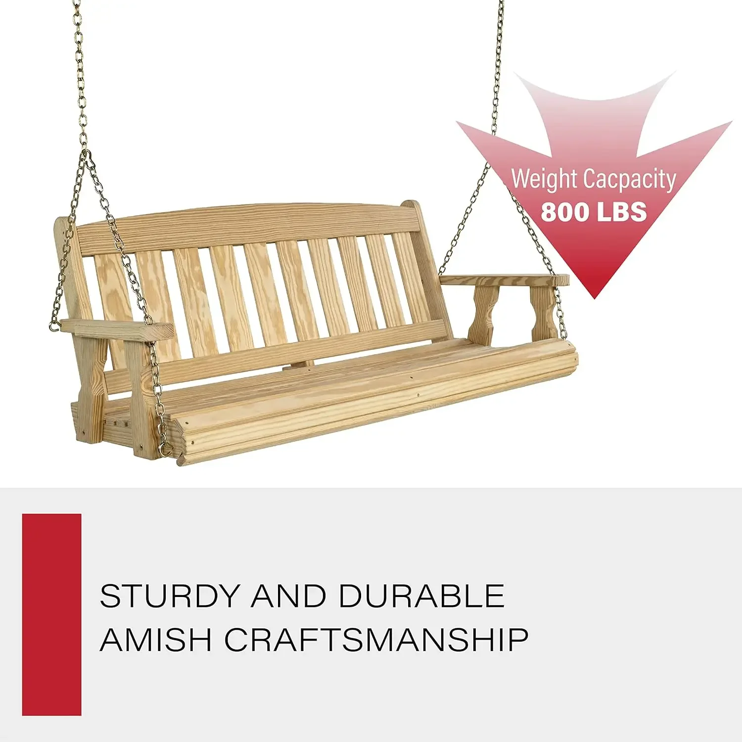 Amish Casual Heavy Duty Porch Swing com Correntes Suspensas, Missão Tratada, 4 Pés, Inacabado, 800 Lb