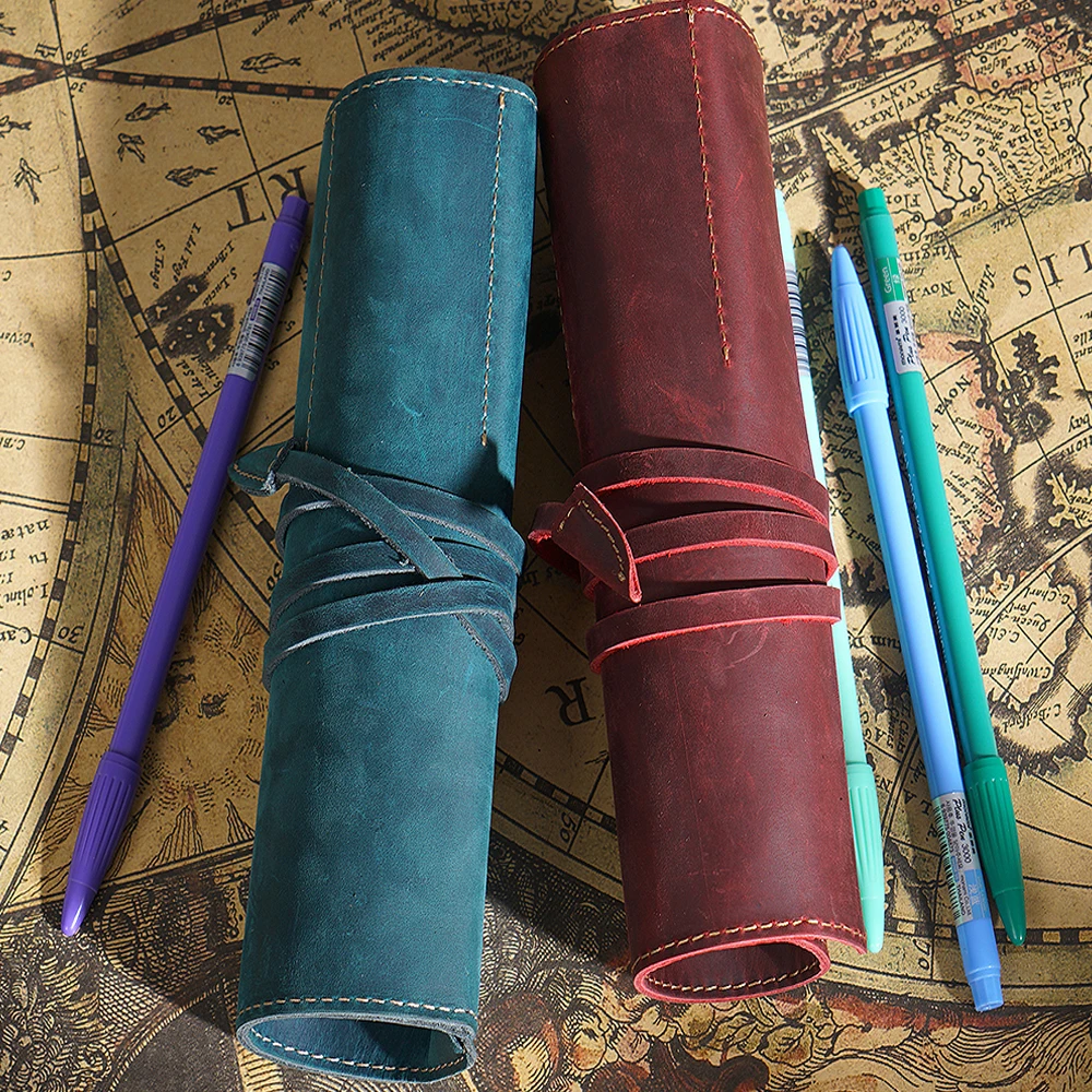 Aiguo Niu Original Handmade Cowhide Pen Wrap - Artistic Multifunctional Leather Roll Case, Minimalist Literary Storage Pouch (Ge