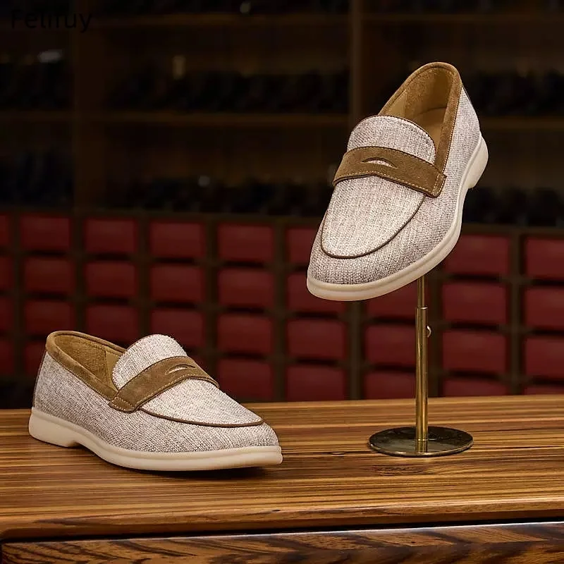Men's Slip On Retro Linen Loafers Preppy Lightweight Breathable Comfort Outdoor Flats Genuine Leather Casual Daily Walking Shoes