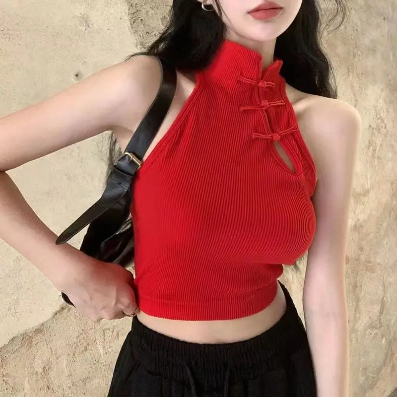 Chinese Style Corsets Halter Top Women Chinese Button Tank Tops with Bra Pad Cuteore Clothing Sleeveless Bra Top Red Black White