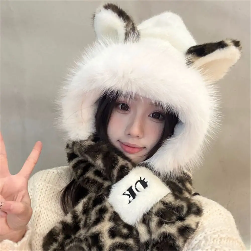 Practical 2 in 1 Hooded Scarf Set Thick Warm Lining Leopard Print Winter Scarf Faux Fur Kawaii Fox Ear Hat Scarf Winter Outdoor