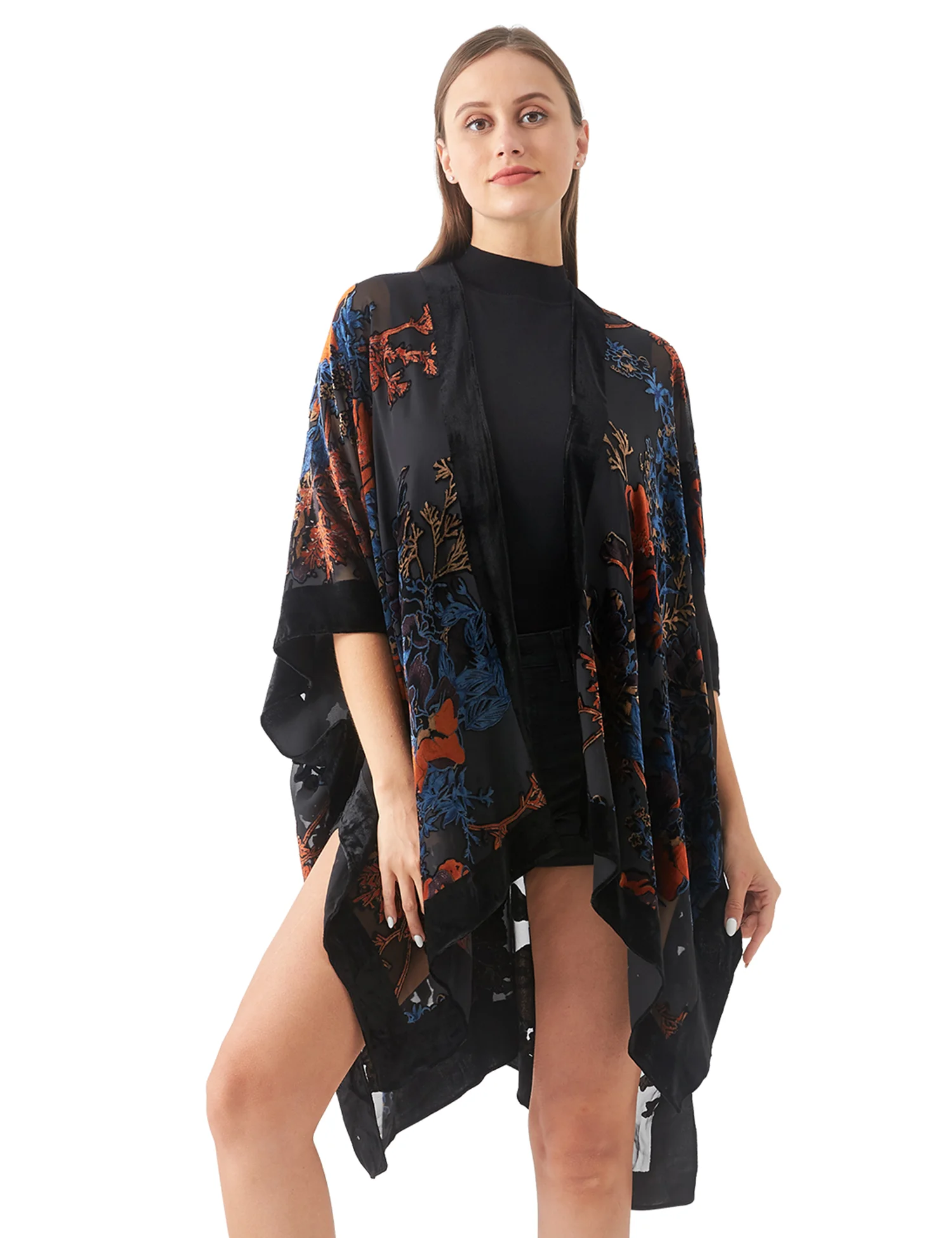 WeHello Burnout Kimono beludru untuk wanita, kardigan pantai tanpa rumbai liburan syal kasual liburan JYPF-35 Dropship