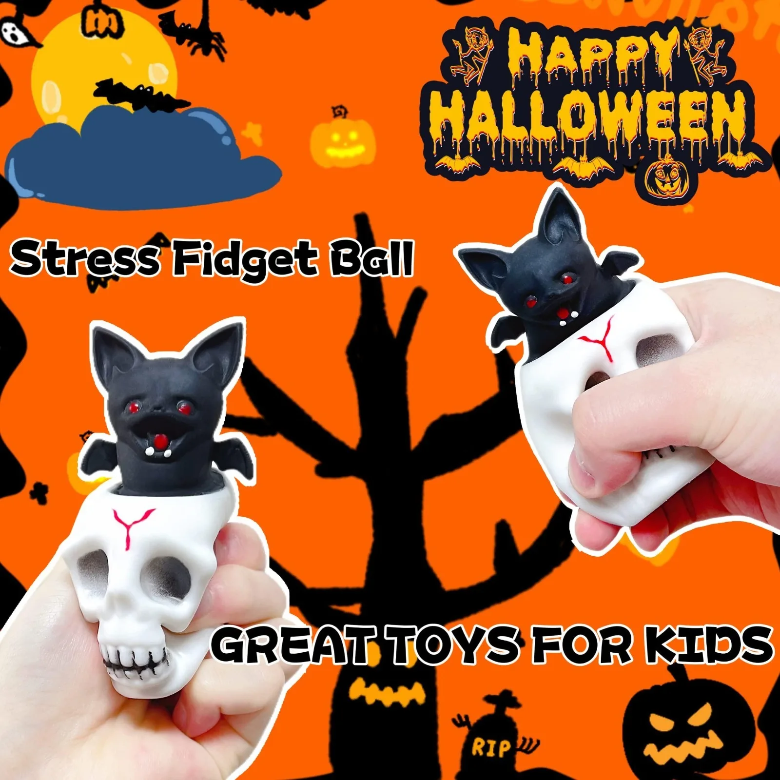 Skull Halloween Stress Balls Spooky Squishy Squeeze Toys Demon Pop Bats Relief Fidget for Kids and Adults