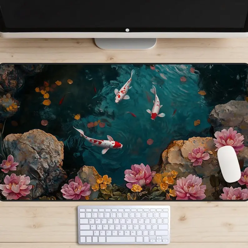 

Pink flower koi fish pond mousepad blue water area office desktop decoration PC accessories rubber high-definition printing