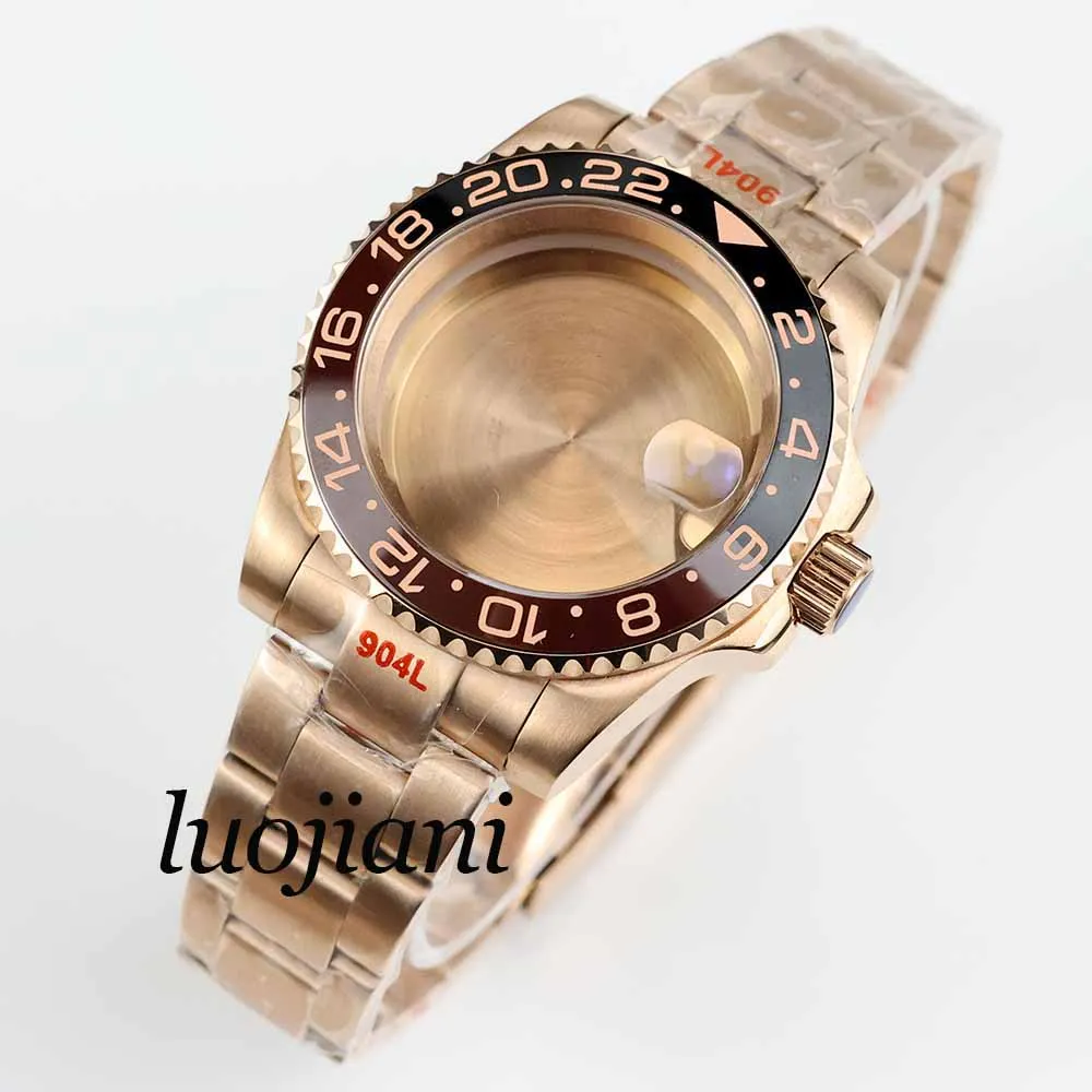 

40mm NH35 rose glod watch case ceramic bezel oyster strap sapphire glass 100M waterproof fit NH35 NH36 movement submariner gmt