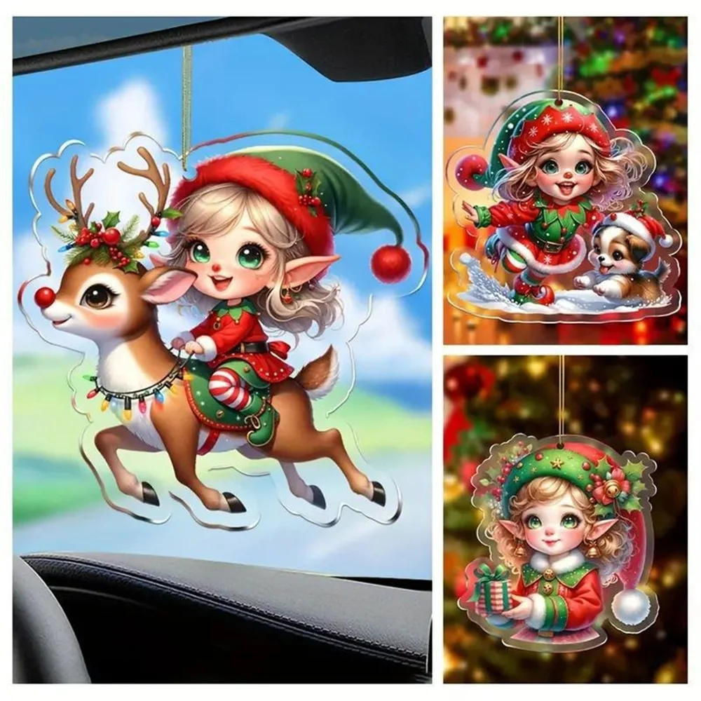 Charming Acrylic Reindeer Girl Baby Car Decoration Holiday Gift for Christmas Xmas Tree Flat Pendant Hanging Ornament